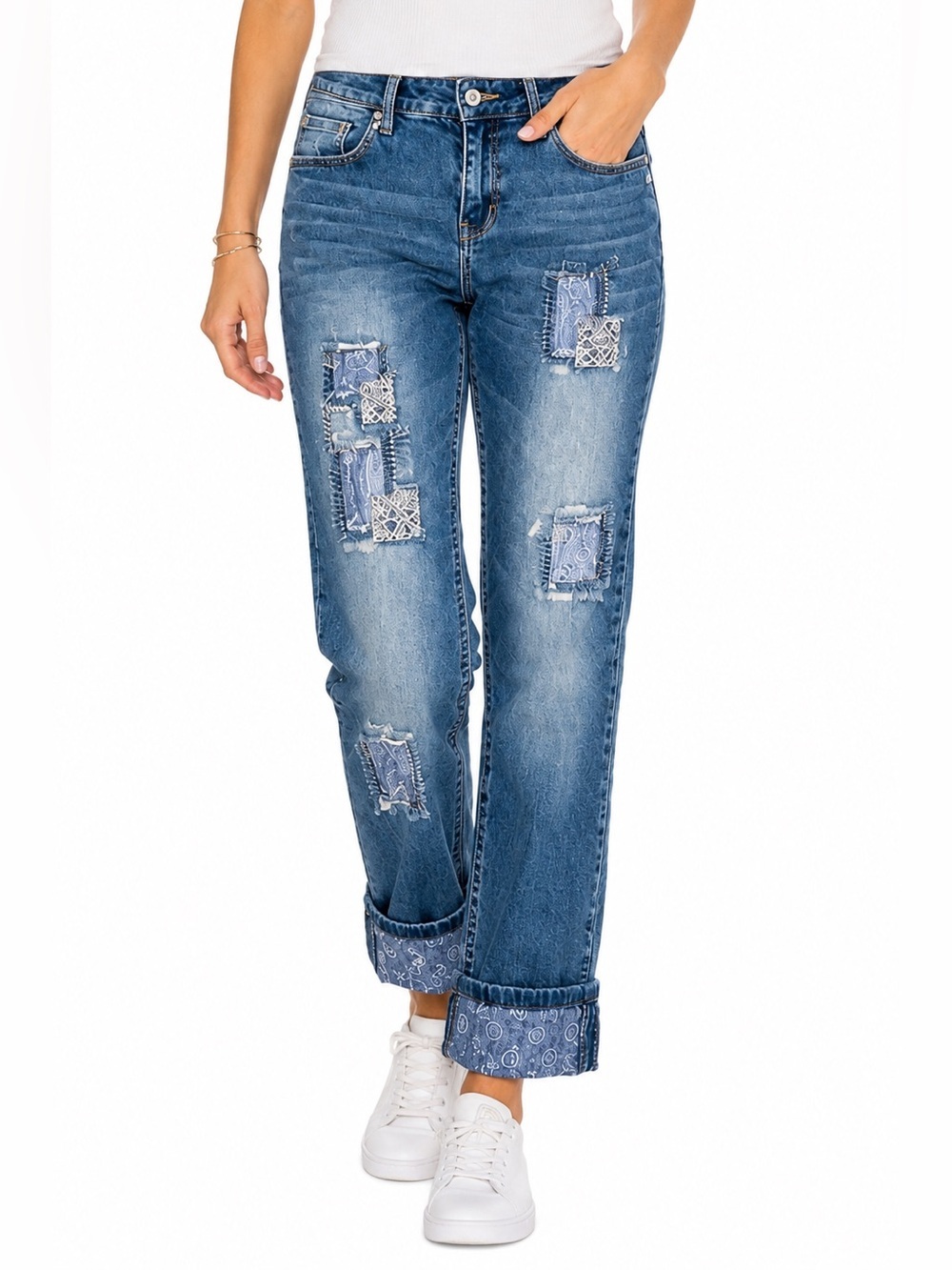 Grace Blue Distressed Retro Patchwork Boyfriend Jeans with Patterned Cuffs SZ 29